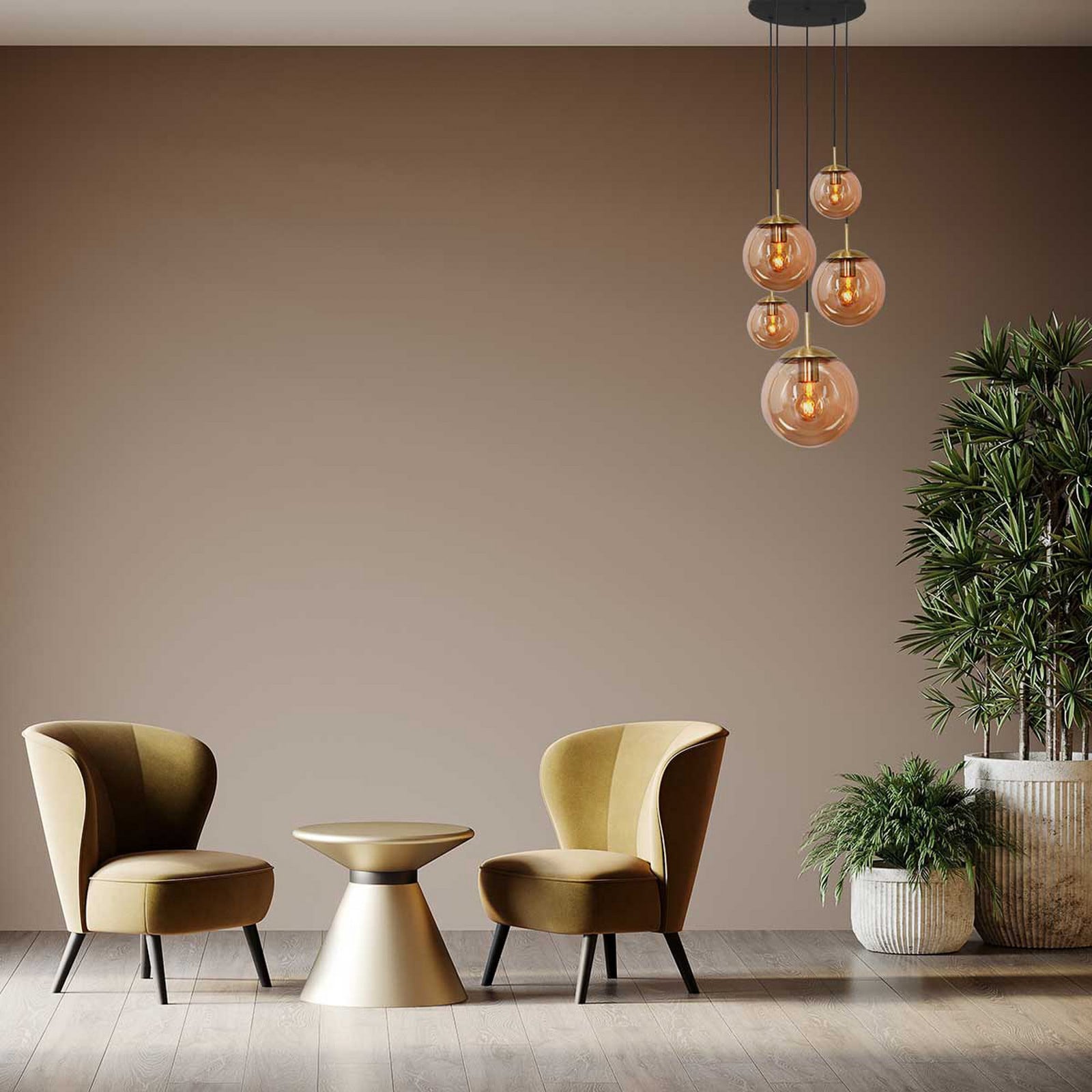 Viseće svjetlo od bolique stakla, mesing, 5 svjetala