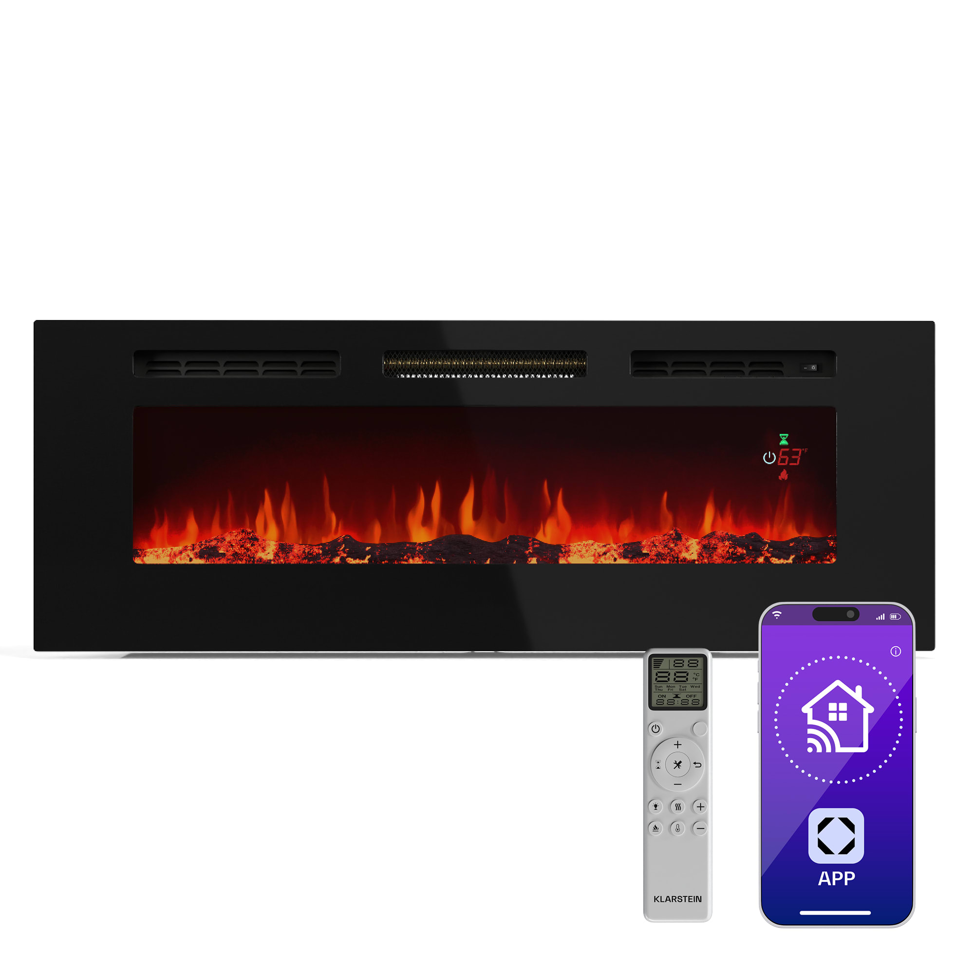 Klarstein Galeras Smart Inteligentni električni kamin, 2 postavke temperature, 16 - 30°| Iluzija LED plamena, Mogućnost spajanja na IOT