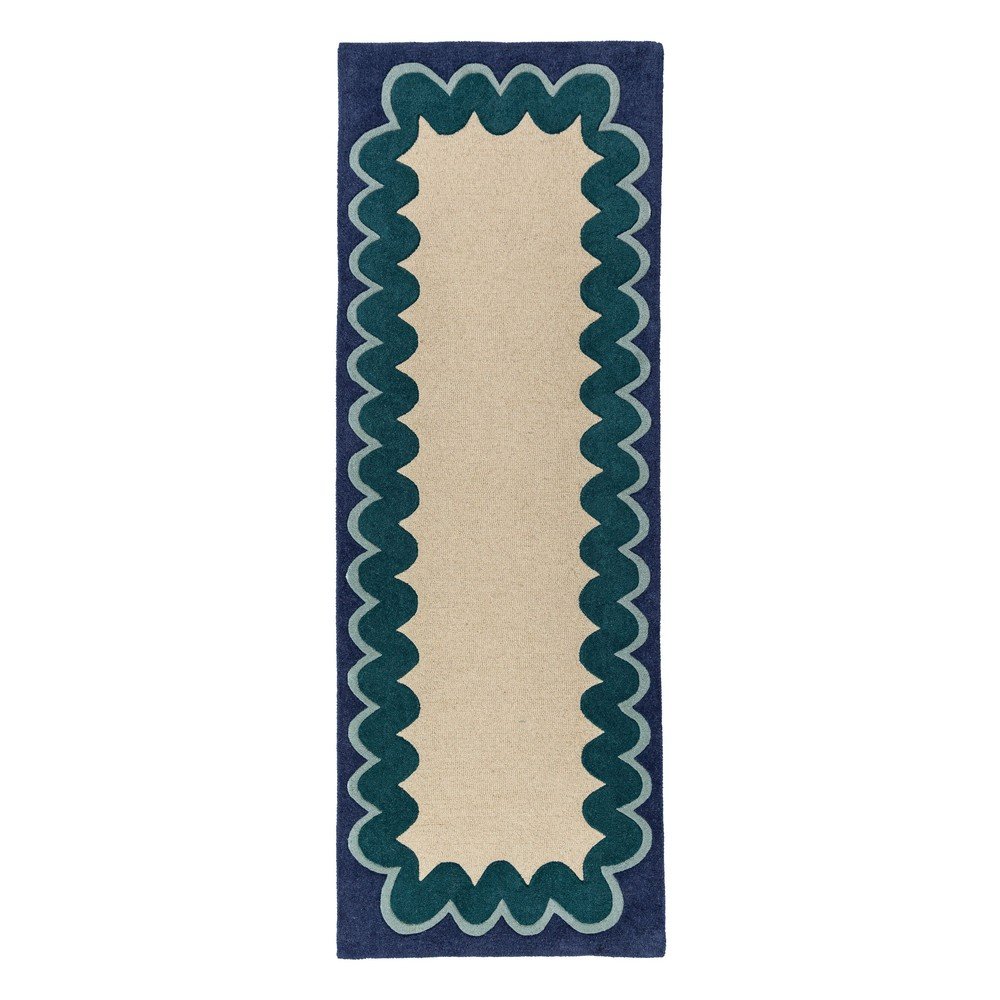 Ručno rađena vunena staza u prirodnoj boji/plavozelena 80x230 cm Wiggle Wool – Flair Rugs