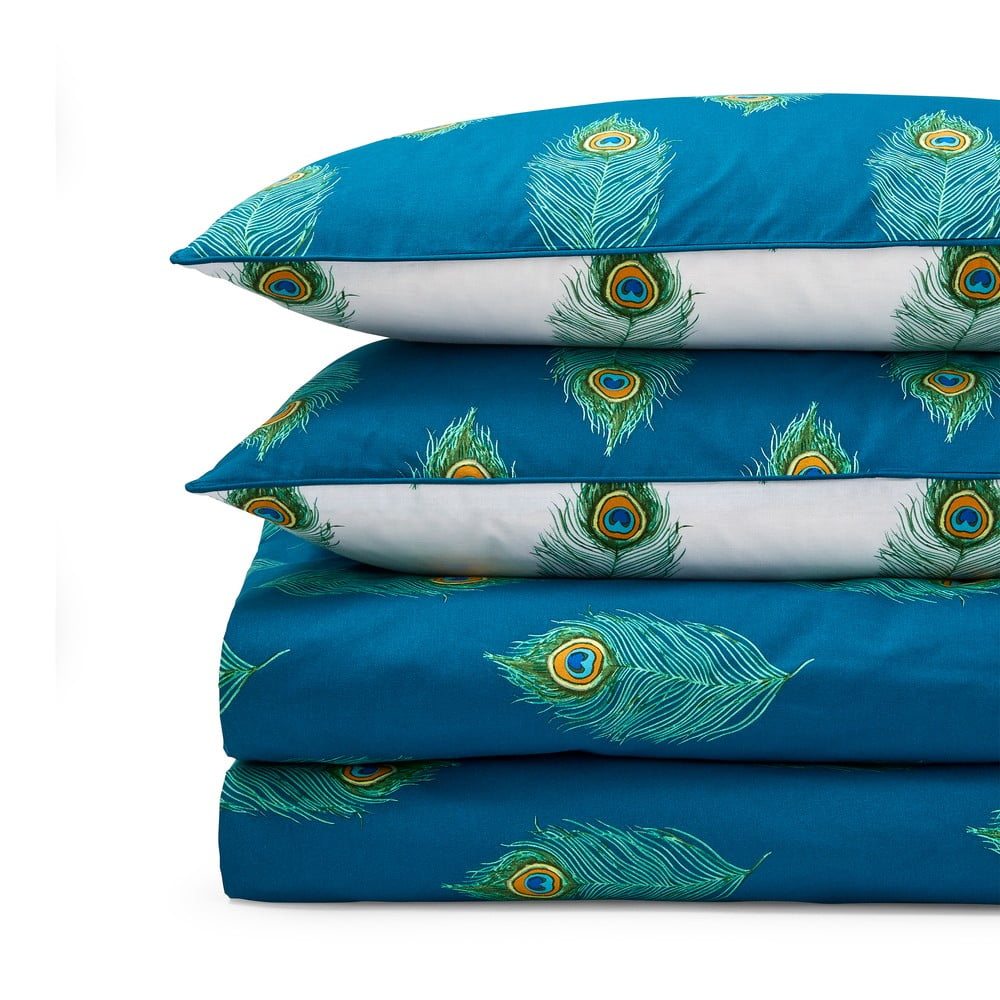 Bijela/plavozelena pamučna posteljina za bračni krevet 200x200 cm Peacock Feather – Their Nibs