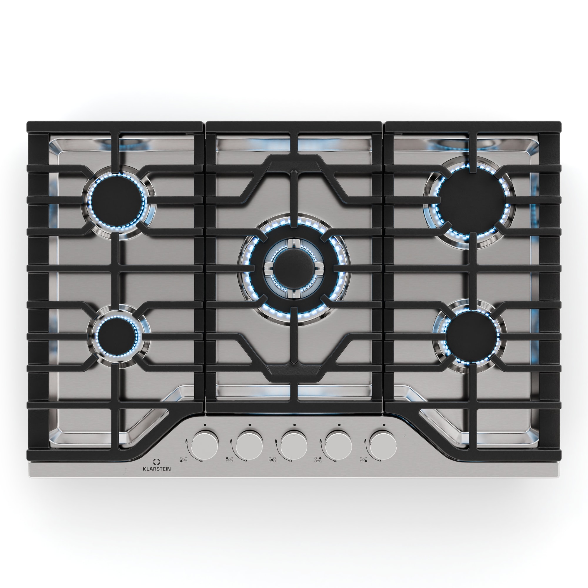 Klarstein Turbocast plinska ploča za kuhanje, 304 nehrđajući čelik, 5 plamenika, profesionalni nosač od lijevanog željeza, wok plamenik