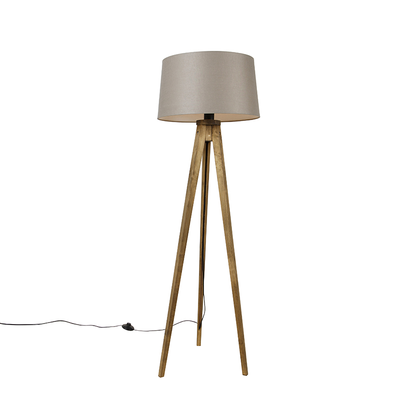 Rustikalna podna lampa s tronošcem od drva u vintage stilu s platnenim sjenilom u boji taupe, 45 cm - Tripod Classic