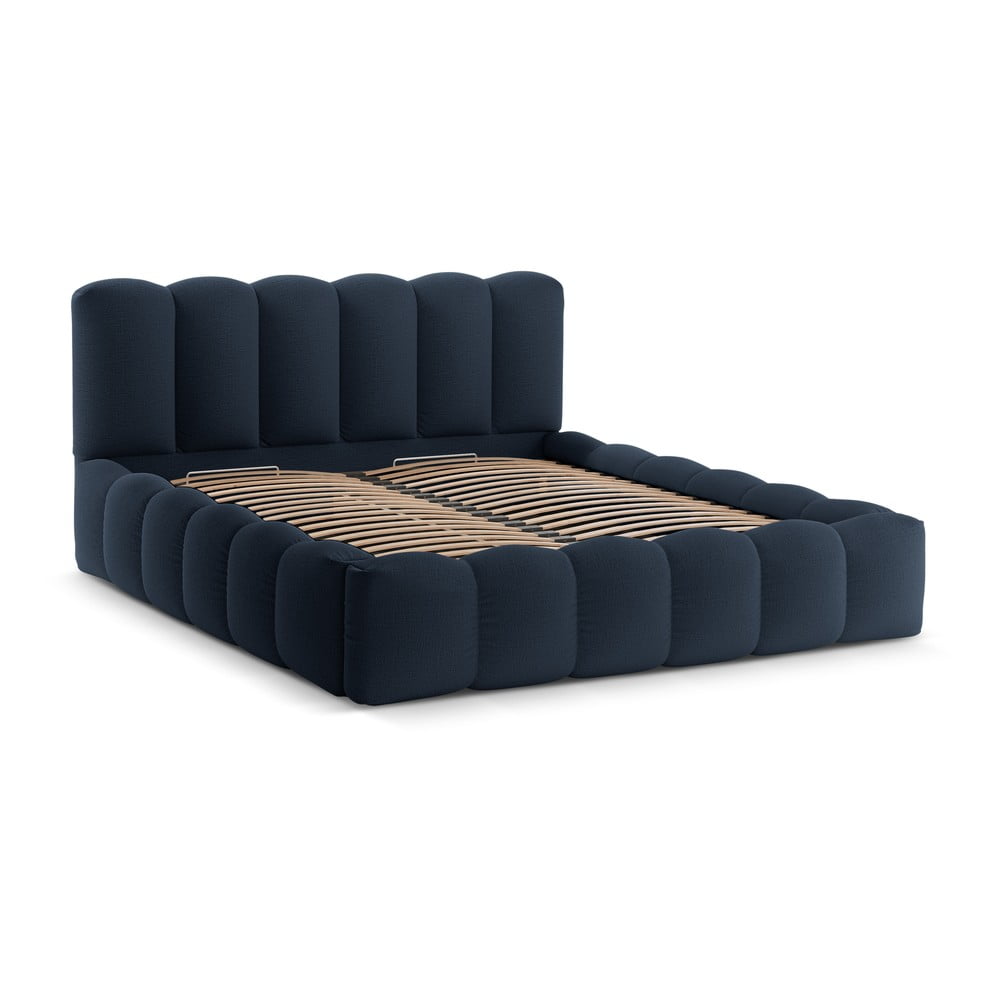 Tamno plavi tapecirani bračni krevet s prostorom za pohranu s podnicom 200x200 cm Lupine – Micadoni