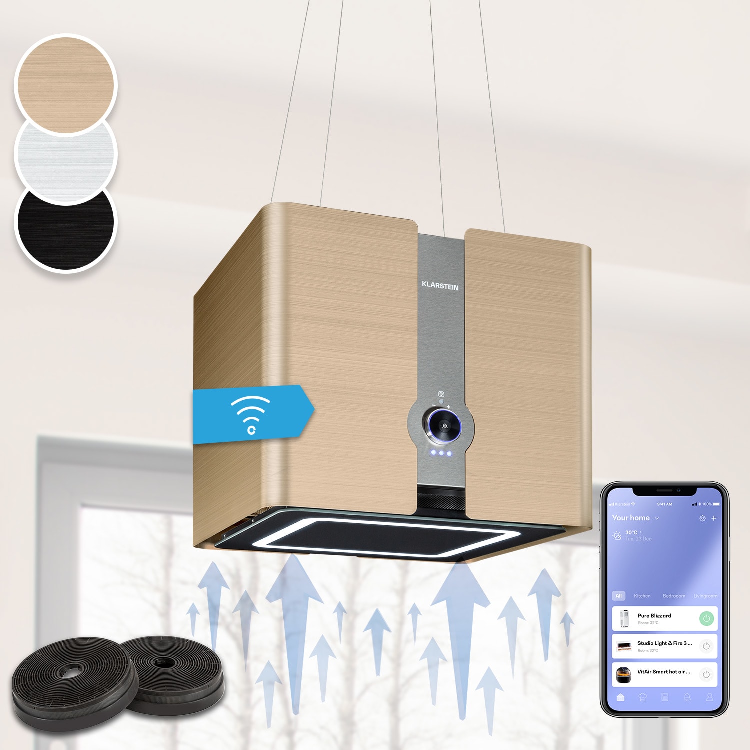 Klarstein  Futurelight Smart, Otočna napa, Recirkulacija, 420m³/h, LED, nehrđajući čelik