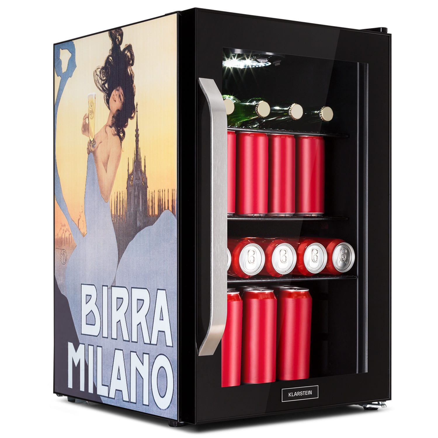 Klarstein Beersafe 70 Birra Milano Edition, hladnjak, 70 litara, 3 police, panoramska staklena vrata, nehrđajući čelik