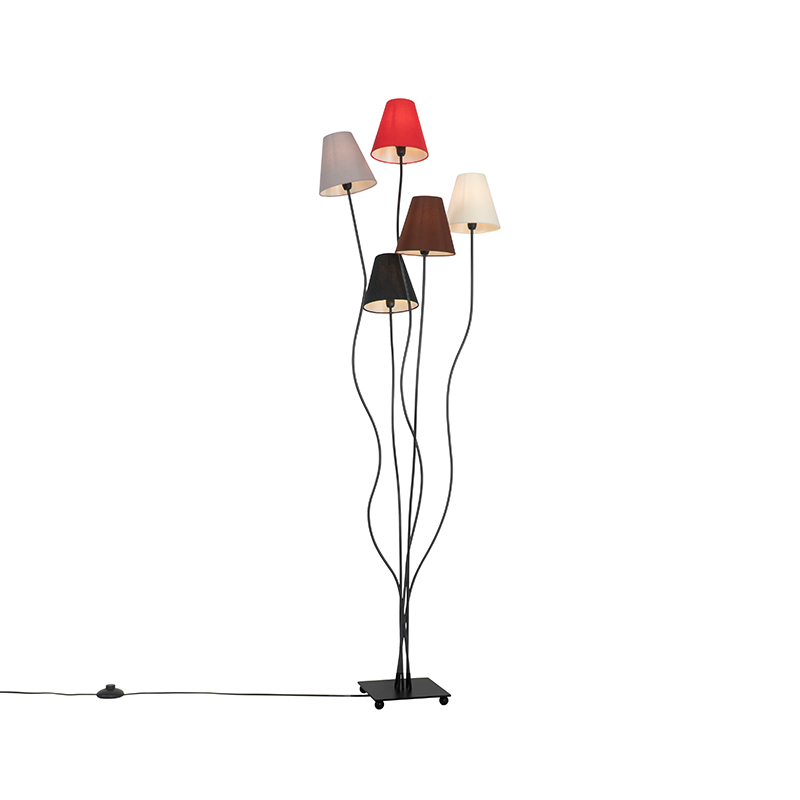 Dizajnerska podna lampa crna s tkaninskim sjenilima 5-svjetla - Melis