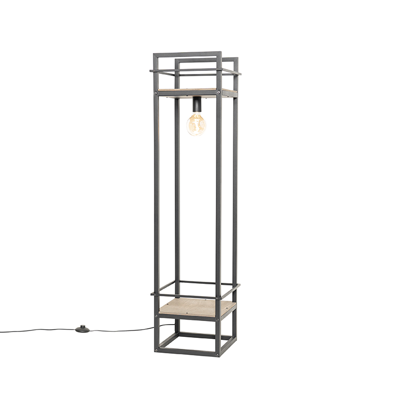 Industrijska podna svjetiljka crna s drvom - Cage Rack