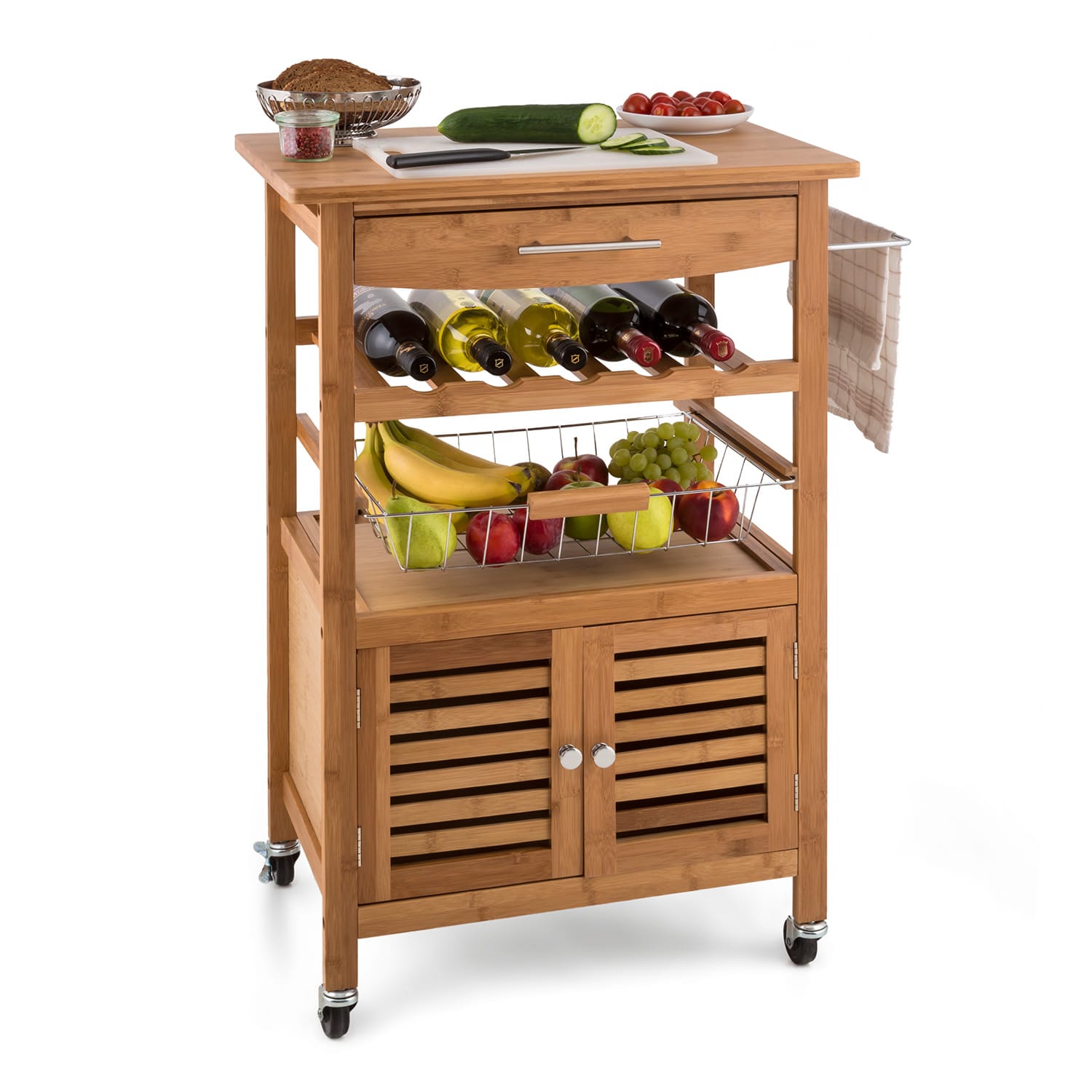 Klarstein Louisiana, kolica za posluživanje, kuhinjska kolica, 5 etaža, drveni nosač za ručnike, mobilna