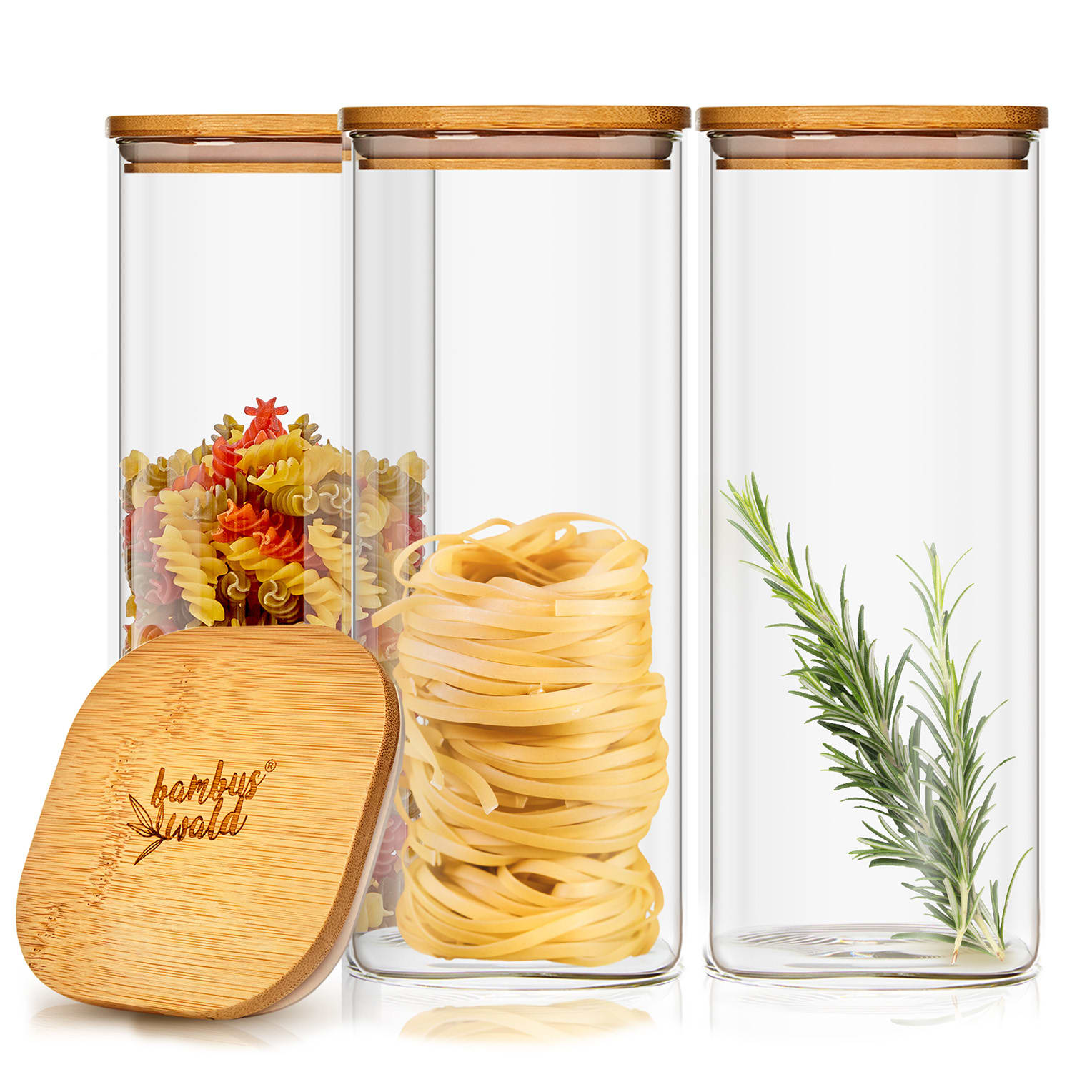 Klarstein Četvrtaste posude za skladištenje hrane s bambusovim poklopcem, hermetički zatvorene, sa silikonskom brtvom, 10 × 20,5 × 10 cm, 3 × 1500 ml