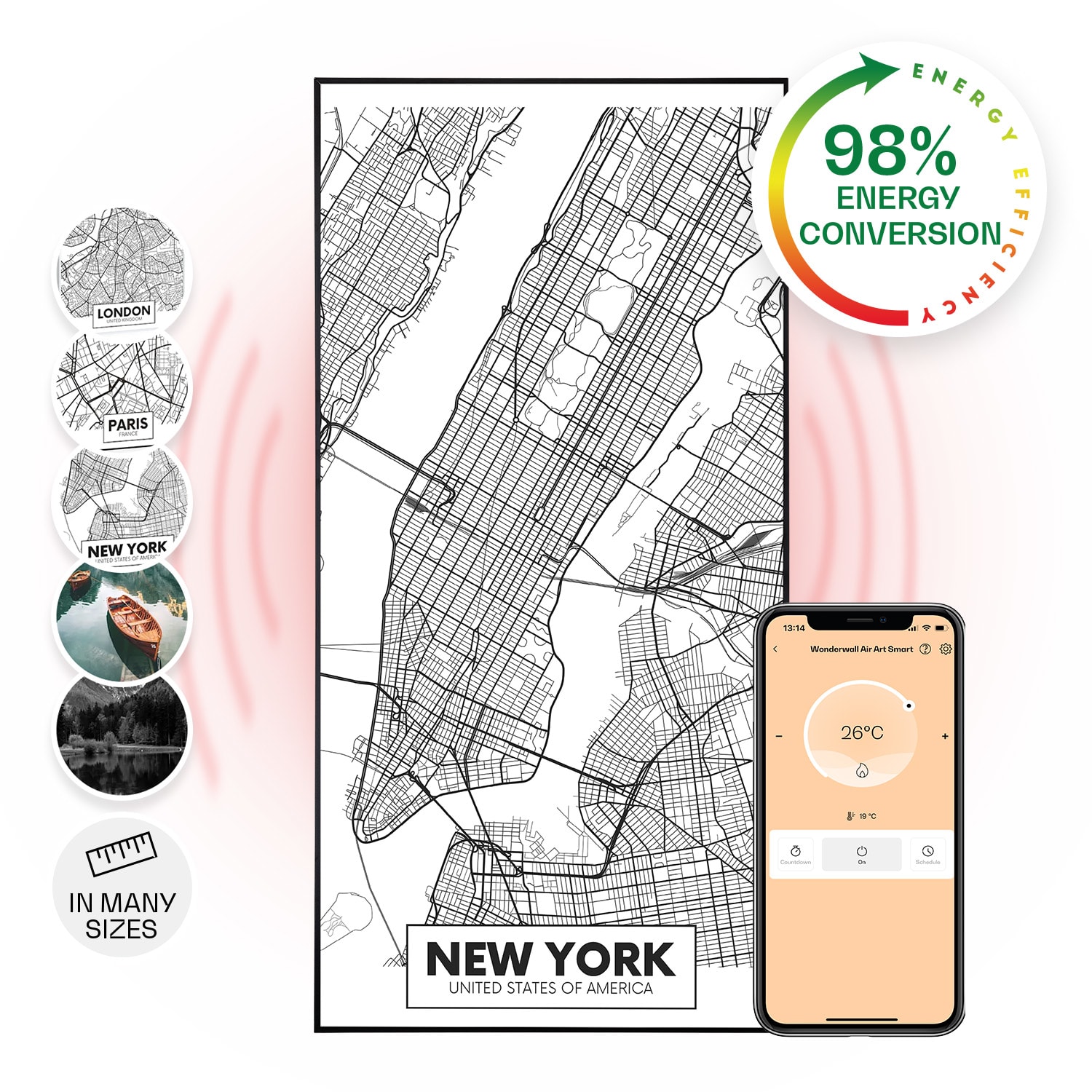 Klarstein Wonderwall Air Art Smart, infracrveni grijač, karta grada New Yorka, 60 x 120 cm, 700 W