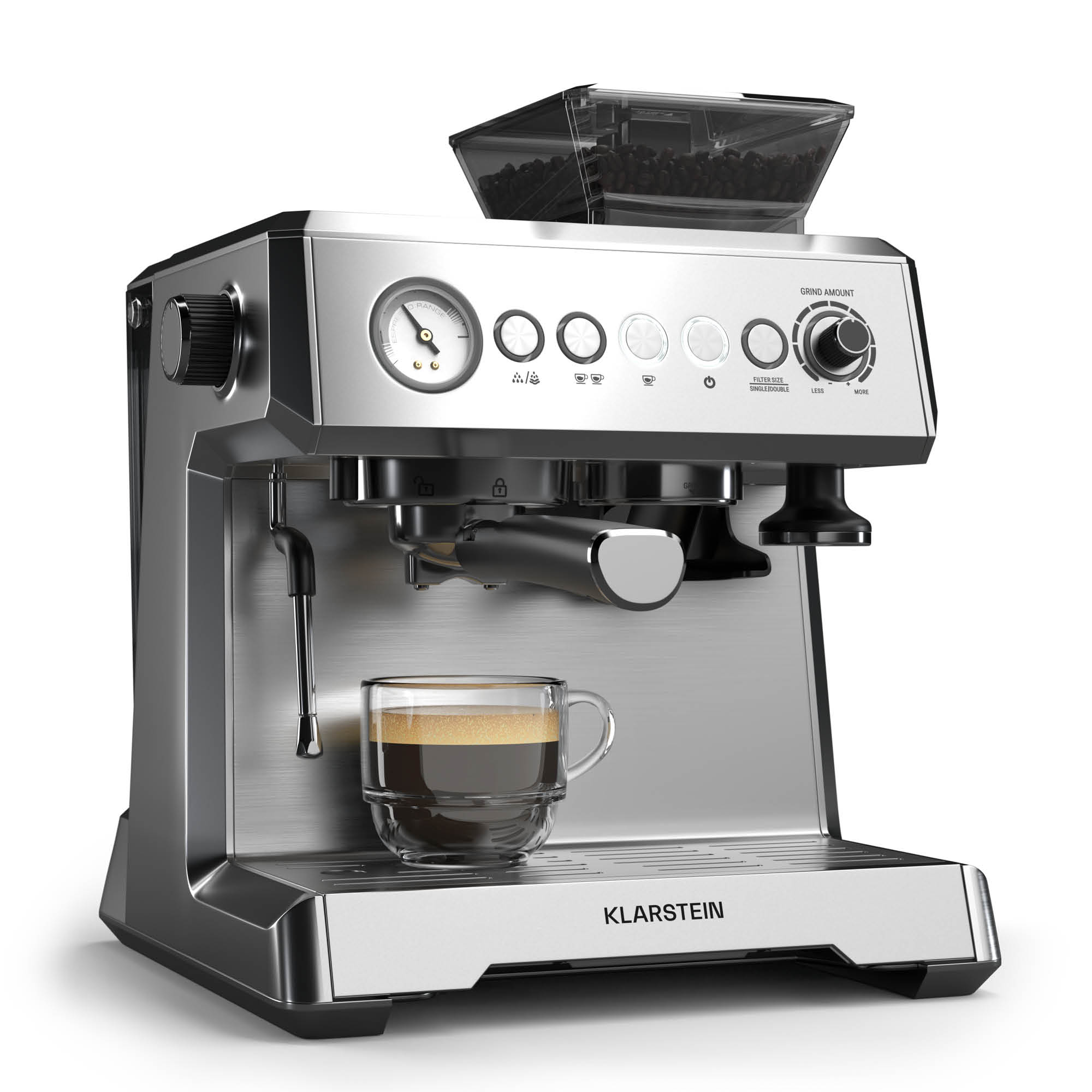 Klarstein GrandPresso aparat za kavu s polugom, precizni mlinac, mlaznica za paru, portafilter, indikator tlaka, 20 bara