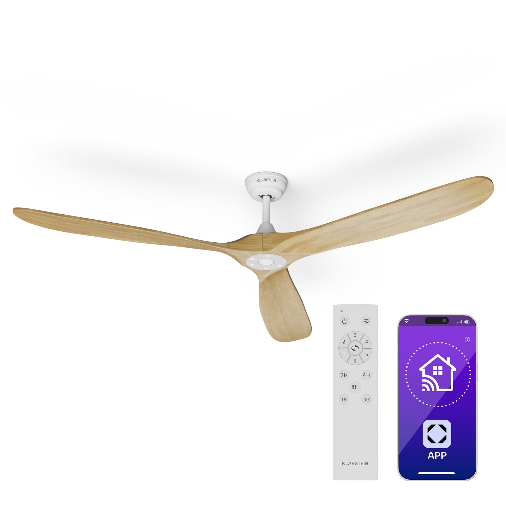 Klarstein Pametni stropni ventilator Bahama Breeze, lopatice rotora od punog drva, daljinski upravljač + upravljanje pomoću aplikacije