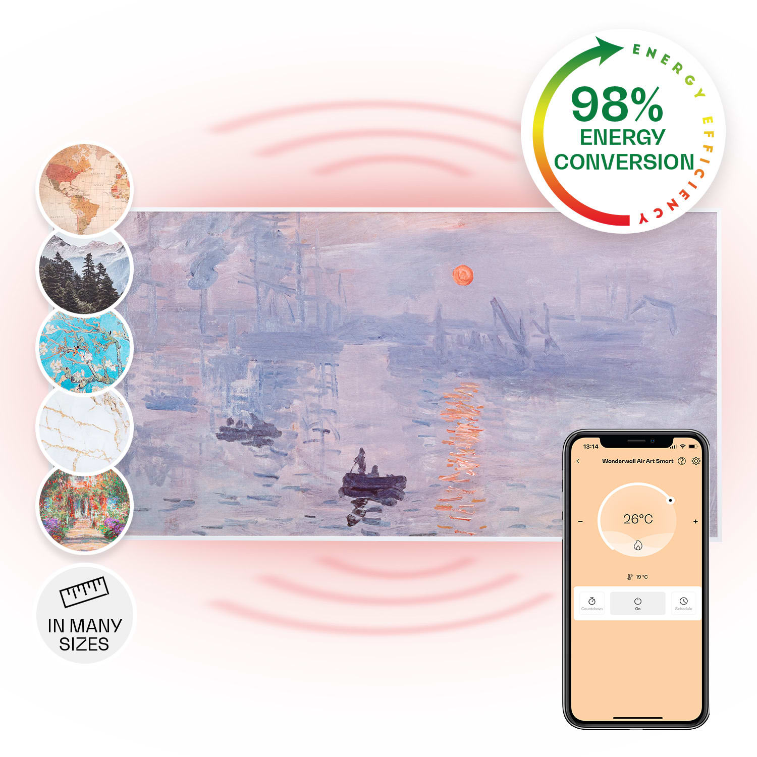 Klarstein Wonderwall Air Art Smart, infracrveni grijač, 120 x 60 cm, 700 W, aplikacija, izlazak sunca