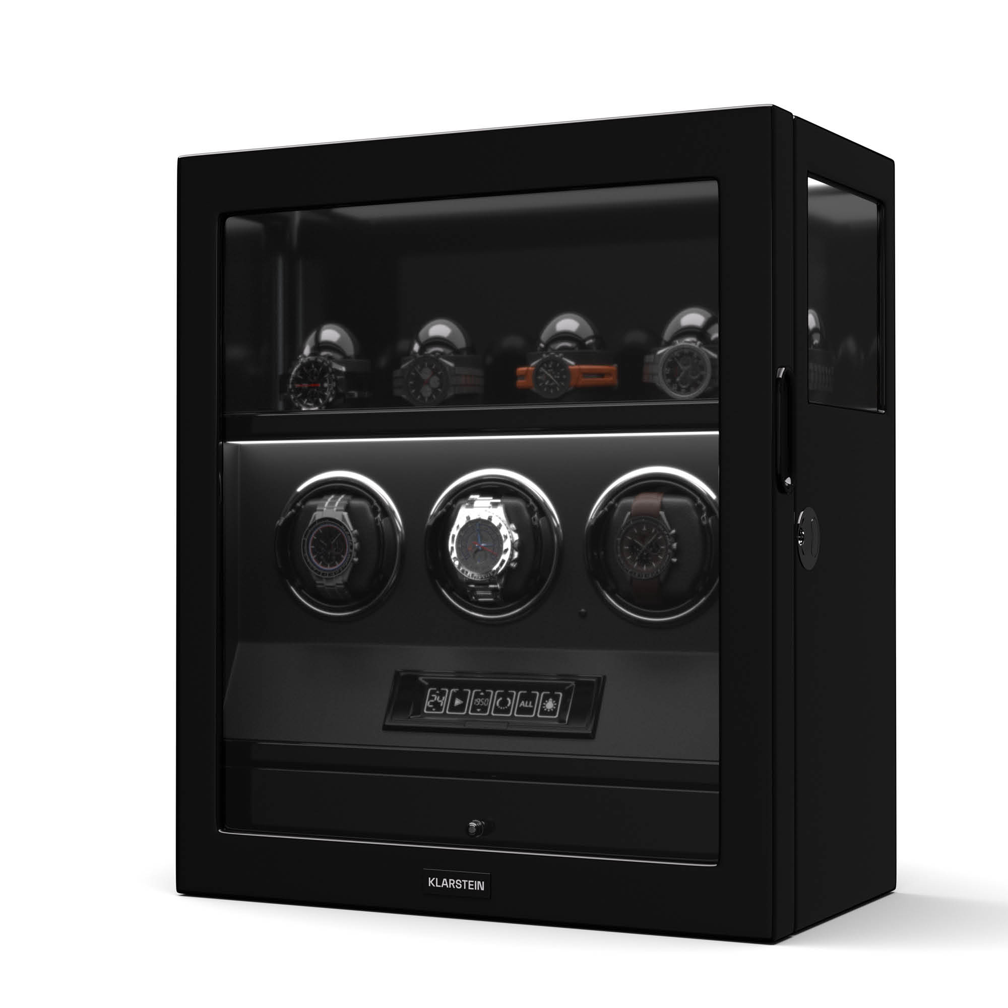 Klarstein SecureTouch navijač satova, 3+4 sata, Mabuchi motor, klavirski lak, 41 režim, brava, LED diode