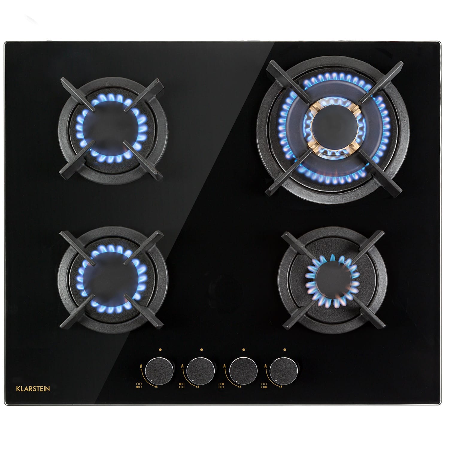 Klarstein Goldflame 4, plinska ploča za kuhanje, 4 mjedena plamenika, staklokeramička, crna