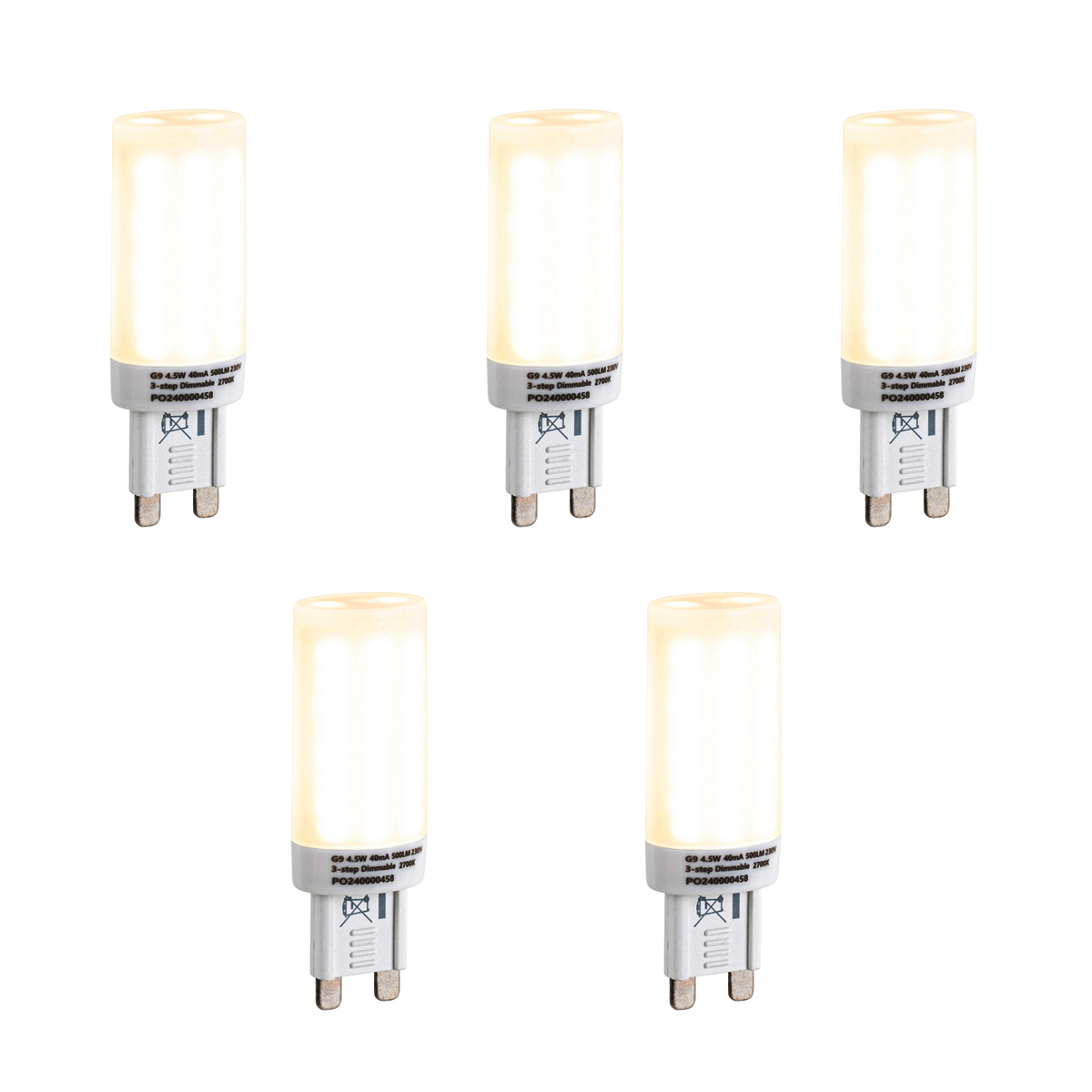 Set od 5 prigušivih LED žarulja G9 s 3 stupnja prigušenja, opal, 4,5 W, 500 lm, 2700 K