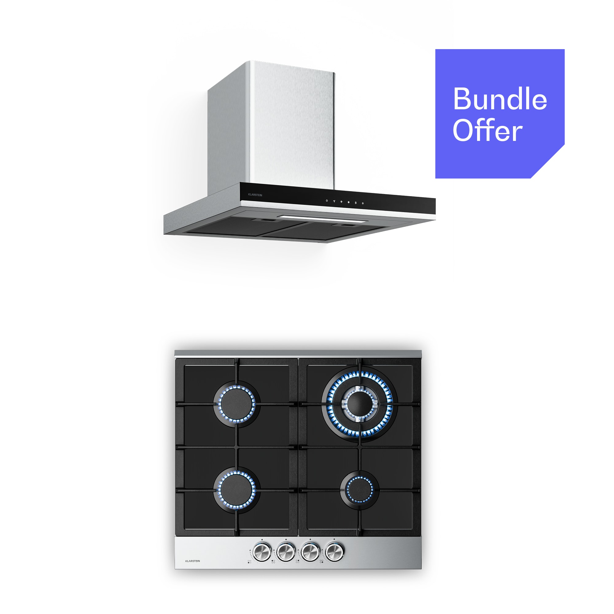 Klarstein Verosteel plinska ploča za kuhanje + Verosteel dimnjačka napa | nehrđajući čelik | 60 cm