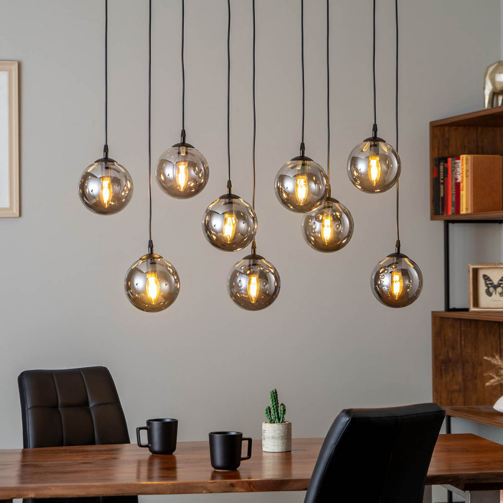 Staklena viseća svjetiljka, 9 žarulja, crna, grafit, staklo, E14