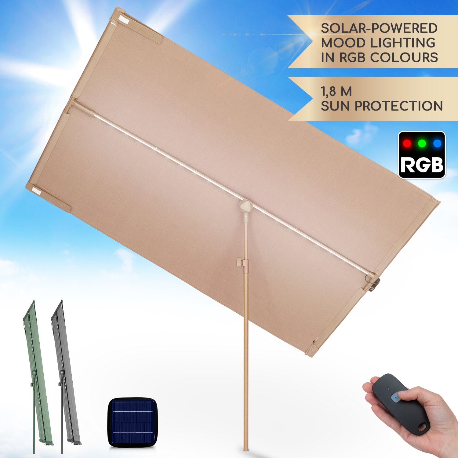 Blumfeldt Bayonne, suncobran, 130 x 180 cm, poliester, UV zaštita 50, solarna LED