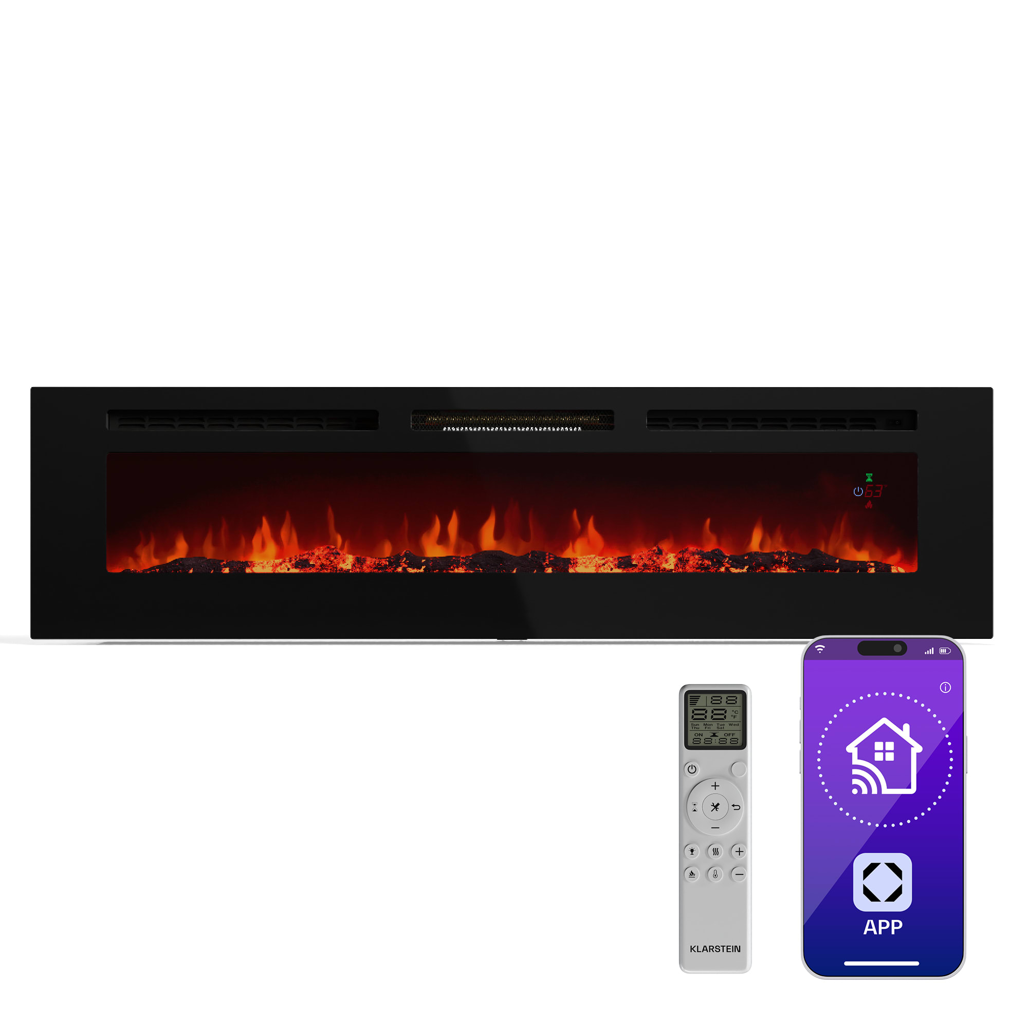 Klarstein Galeras Smart Inteligentni električni kamin, 2 postavke temperature, 16 - 30°| Iluzija LED plamena, Mogućnost spajanja na IOT
