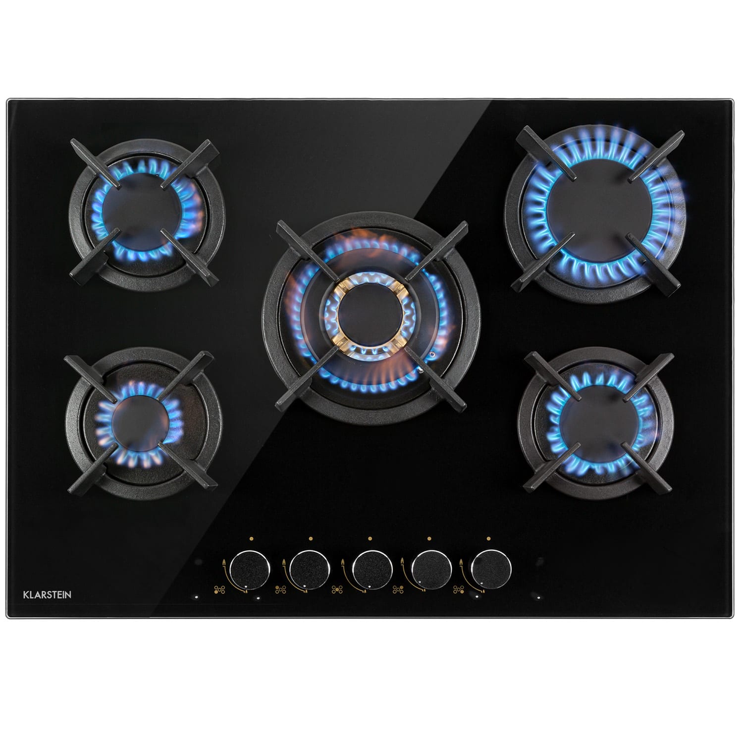 Klarstein Goldflame 5, plinska ploča za kuhanje, 5 mjedenih plamenika, staklokeramika, crna