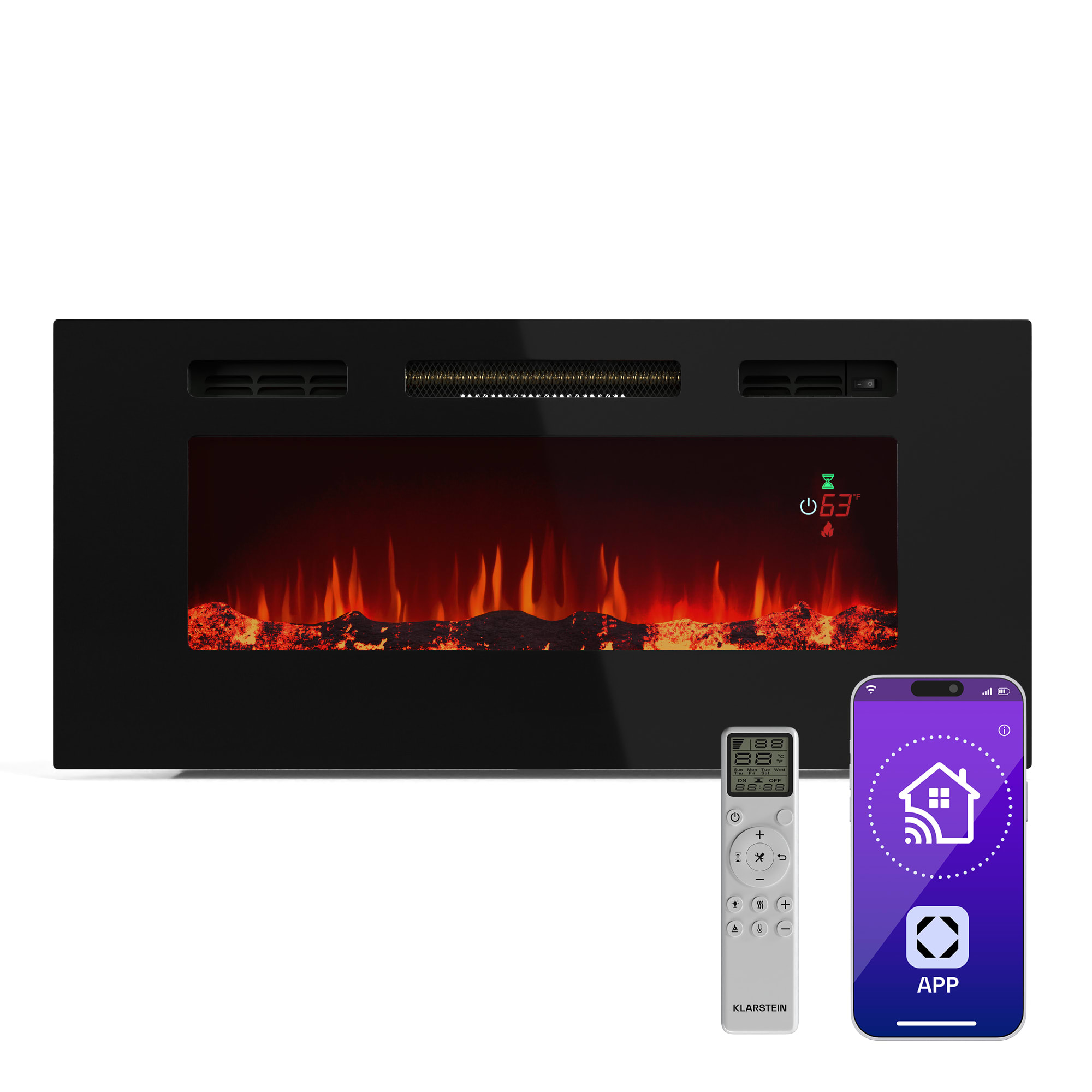Klarstein Galeras Smart Inteligentni električni kamin, 2 postavke temperature, 16 - 30°| Iluzija LED plamena, Mogućnost spajanja na IOT