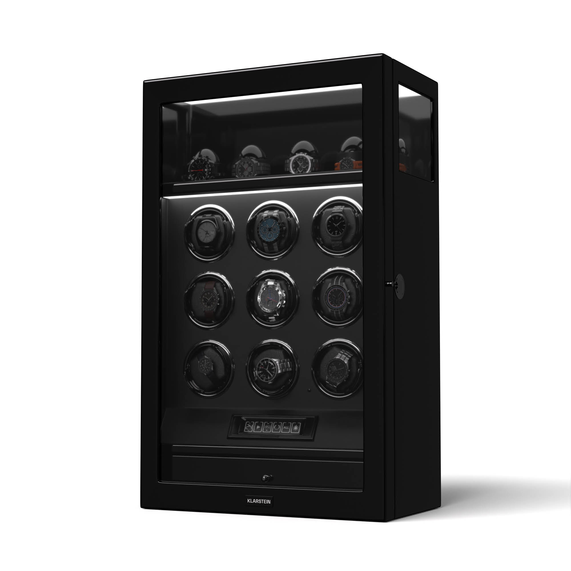 Klarstein SecureTouch navijač satova, 9+4 sata, Mabuchi motor, klavirski lak, 41 režim, brava, LED diode