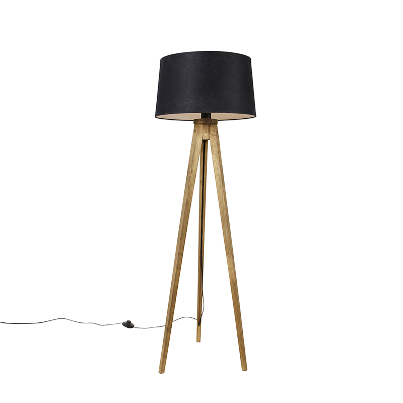 Rustikalna podna lampa s tronošcem, vintage drvo s platnenim sjenilom crna 45 cm - Tripod Classic