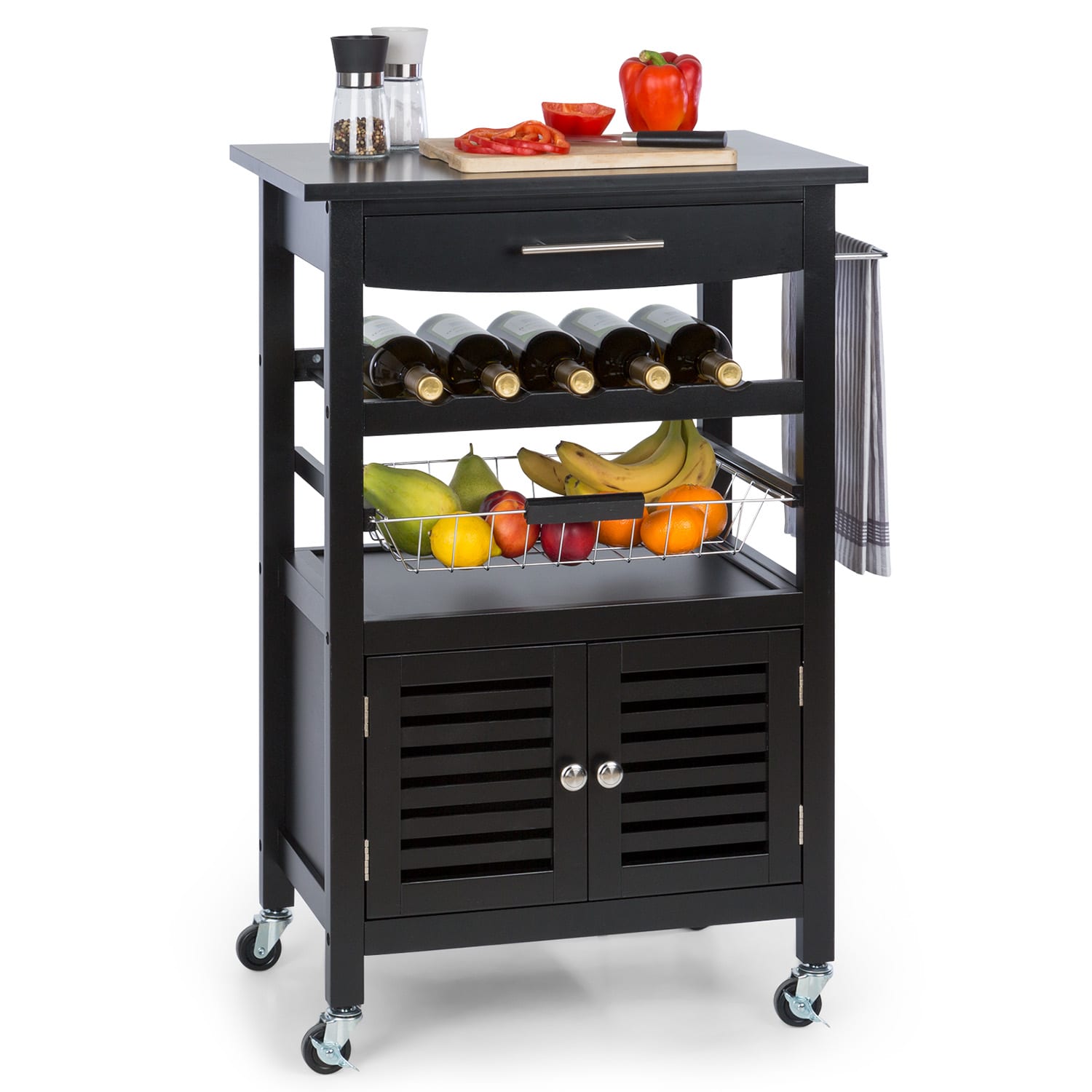 Klarstein Louisiana, kolica za posluživanje, kuhinjska kolica, 5 etaža, drveni nosač za ručnike, mobilna