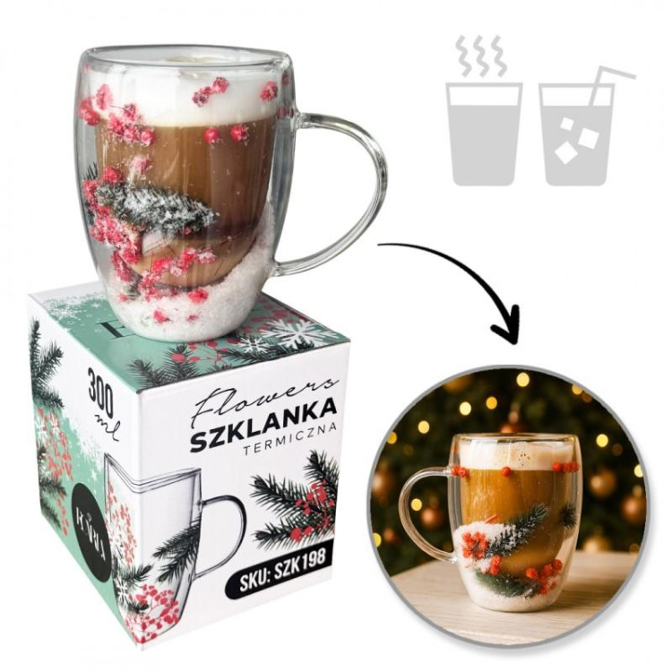 Božićna termos šalica s cvijećem i snijegom unutra - 300 ml