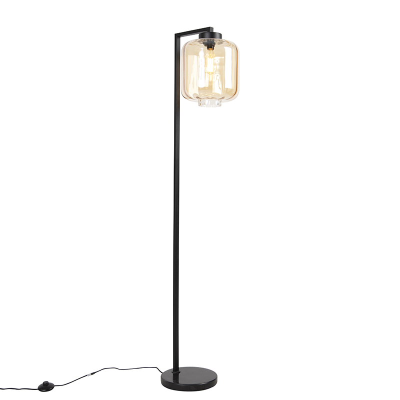 Dizajnerska podna lampa crna s jantarnim staklom - Qara Down