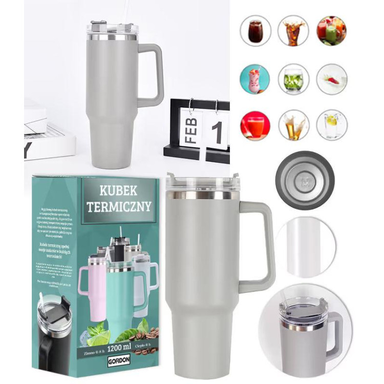 Velika siva termos šalica sa slamkom - 1200 ml